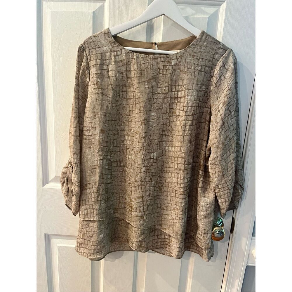 Appleseed’s Brown Tiered Alligator Print Roll Cuff Blouse sz PL EUC